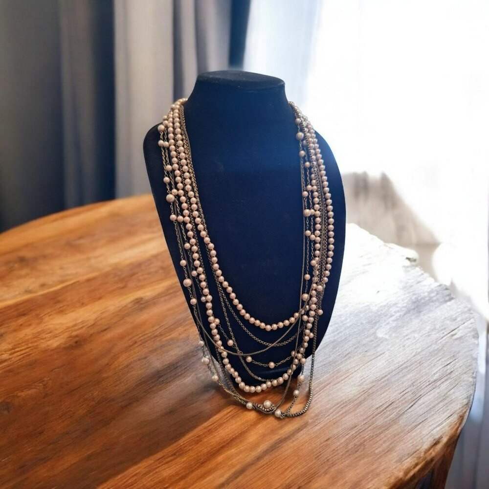 Talbots Multi Layer Strand Faux‎ Pearl Necklace Bronze Chain Statement 22 Inch